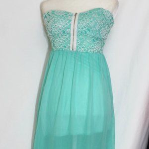 PAPAYA Mint Green Tube Top Dress Size Medium Lacey Layered Long Dress Lined L/W